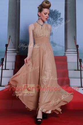 Scoop Peach Clasp Handle Prom Gown Beading and Sequins and Ruching Sleeveless Floor Length