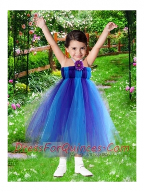 Cheap A-Line Halter Tea-length Little Girl Dress with Ruching