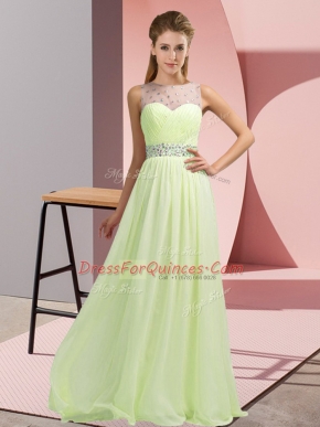 Yellow Green Empire Beading Casual Dresses Backless Chiffon Sleeveless Floor Length
