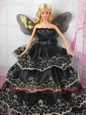 Luxurious Black Strapless Lace Ruffled Layeres Party Clothes Fashion Dress for Noble Barbie