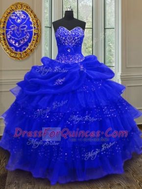 Nice Sweetheart Sleeveless 15th Birthday Dress Floor Length Beading and Ruffled Layers and Pick Ups Royal Blue Organza