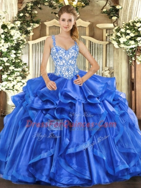 Free and Easy Ball Gowns Quinceanera Dress Blue Straps Organza Sleeveless Floor Length Lace Up