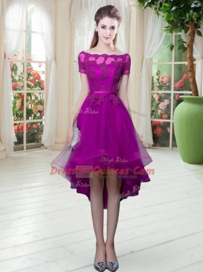 Purple Short Sleeves Tulle Lace Up Dress for Prom for Prom and Party