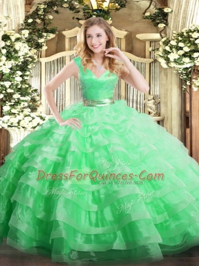 Lovely Apple Green Organza Zipper Vestidos de Quinceanera Sleeveless Floor Length Ruffled Layers