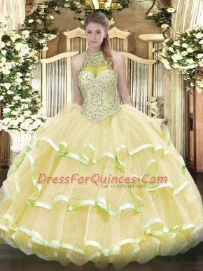 Halter Top Sleeveless Lace Up 15th Birthday Dress Light Yellow Organza and Tulle