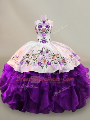 Superior White And Purple Ball Gowns Organza High-neck Sleeveless Embroidery Floor Length Lace Up Quinceanera Dresses
