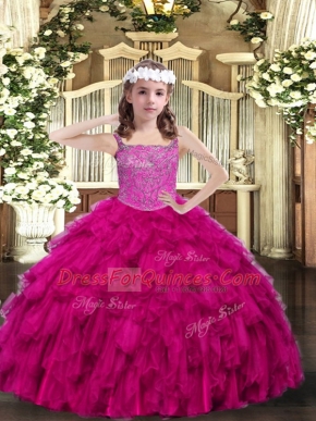 Fuchsia Sleeveless Floor Length Beading and Ruffles Lace Up Pageant Gowns For Girls