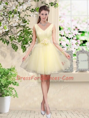 Light Yellow A-line Tulle V-neck Sleeveless Lace and Belt Knee Length Lace Up Dama Dress