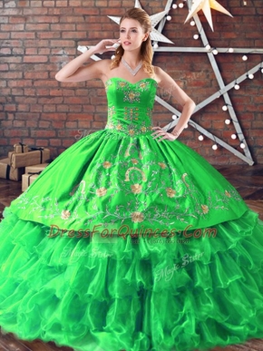 Exquisite Organza Sweetheart Sleeveless Lace Up Embroidery Sweet 16 Dresses in Green