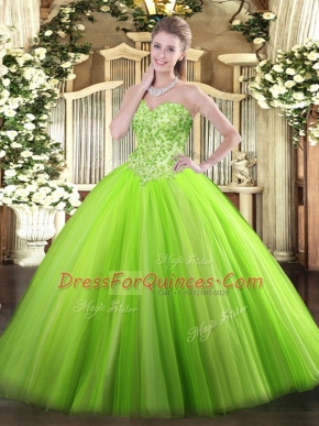 Custom Fit Sleeveless Tulle Floor Length Lace Up Sweet 16 Dress in with Appliques