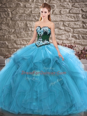 Superior Floor Length Lace Up Ball Gown Prom Dress Blue for Sweet 16 and Quinceanera with Beading and Embroidery