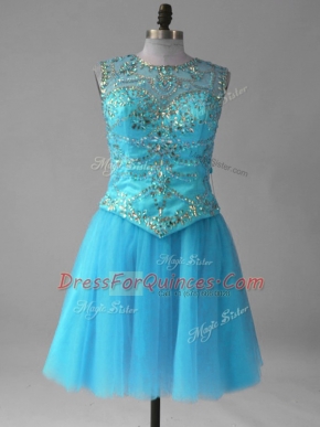 Sexy Aqua Blue A-line Beading and Sequins Evening Dress Lace Up Tulle Sleeveless Mini Length