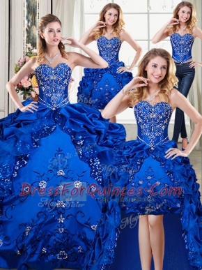Four Piece Sleeveless Organza and Taffeta Floor Length Lace Up Sweet 16 Dresses in Royal Blue with Beading and Embroidery and Pick Ups