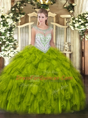 Olive Green Sleeveless Floor Length Beading and Ruffles Zipper Quinceanera Dresses