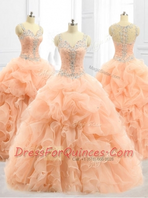 Cheap Straps Beading and Ruffles Quinceanera Dresses in Peach