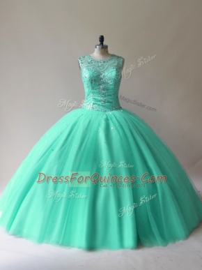 Custom Made Aqua Blue Ball Gowns Beading Quince Ball Gowns Lace Up Tulle Sleeveless Floor Length