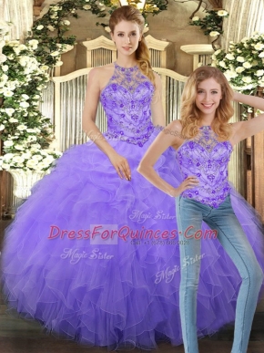 Hot Sale Sleeveless Floor Length Beading and Ruffles Lace Up Sweet 16 Quinceanera Dress with Lavender