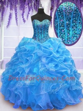 Blue Sweetheart Lace Up Beading and Ruffles Quince Ball Gowns Sleeveless