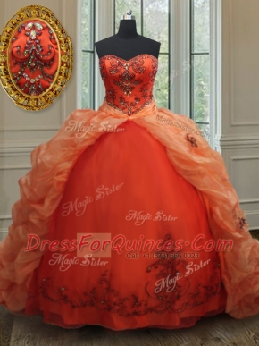 Sleeveless Brush Train Beading and Embroidery and Pick Ups Lace Up Sweet 16 Quinceanera Dress