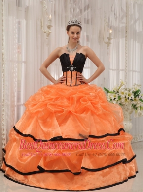 Orange and Black Ball Gown Strapless Floor-length Satin and Organza Beading Quinceanera Dress