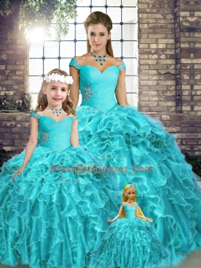 On Sale Off The Shoulder Sleeveless Ball Gown Prom Dress Brush Train Beading and Ruffles Aqua Blue Organza