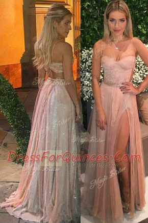 Lovely Pink Prom Evening Gown Tulle Sweep Train Sleeveless Beading and Appliques