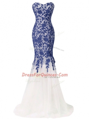Simple Blue And White Lace Up Sweetheart Lace and Appliques Homecoming Dress Tulle Sleeveless Brush Train