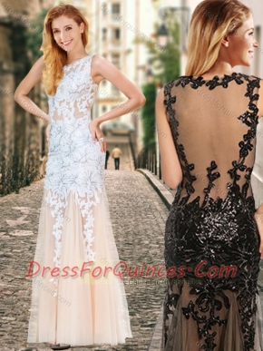 See Through Back Scoop Champagne Prom Dress with Appliques