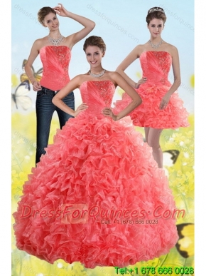 2015 Inexpensive Watermelon Sweet 15 Cheap Dresses with Beading and Ruffles