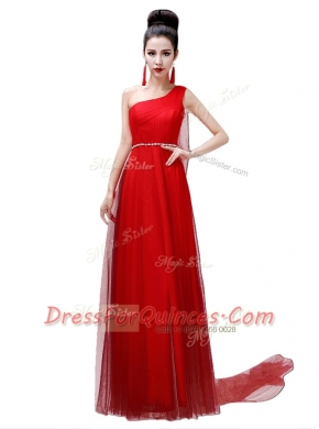 Admirable Floor Length Coral Red Prom Dresses One Shoulder Sleeveless Side Zipper
