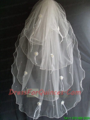 Hand Made Flowers And Beading Decorate Tulle Wedding Veil