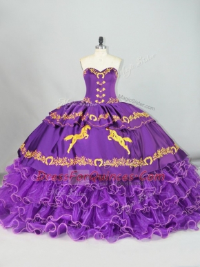 Embroidery and Ruffled Layers Sweet 16 Dress Purple Lace Up Sleeveless Brush Train
