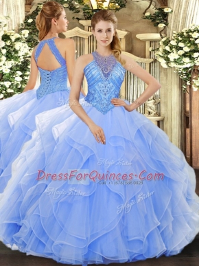 Floor Length Light Blue 15 Quinceanera Dress Organza Sleeveless Beading and Ruffles