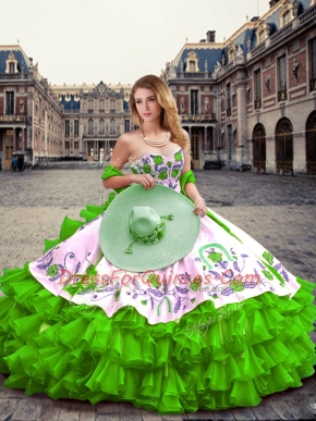 Popular Floor Length Lace Up 15 Quinceanera Dress Green for Military Ball and Sweet 16 and Quinceanera with Embroidery and Ruffled Layers