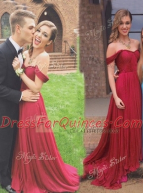 Traditional Off the Shoulder Ruching Prom Party Dress Burgundy Zipper Sleeveless Floor Length