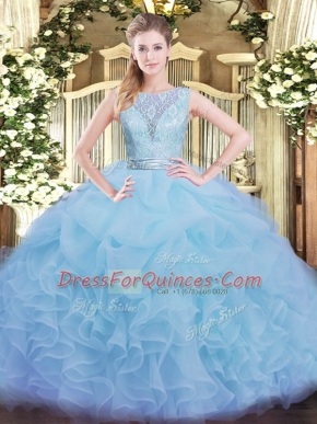 Custom Fit Aqua Blue Quinceanera Dresses Military Ball and Sweet 16 and Quinceanera with Lace and Ruffles Scoop Sleeveless Backless