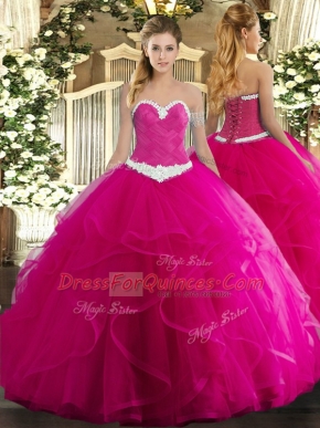 Adorable Fuchsia Lace Up Sweetheart Appliques and Ruffles Vestidos de Quinceanera Tulle Sleeveless