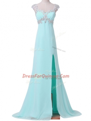 Admirable Beading Prom Evening Gown Aqua Blue Backless Cap Sleeves