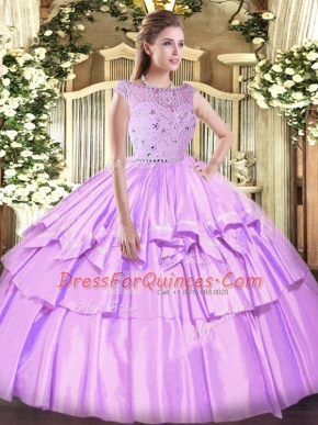 Suitable Lavender Sleeveless Beading and Ruffled Layers Floor Length Quinceanera Gown