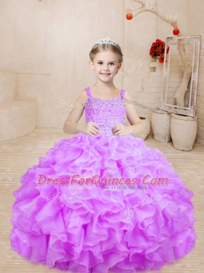 Excellent Lilac Ball Gowns Straps Sleeveless Organza Floor Length Lace Up Beading Evening Gowns