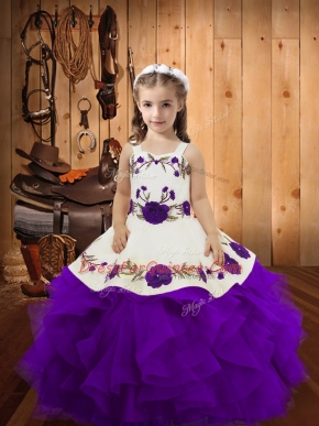 Latest Purple Sleeveless Embroidery and Ruffles Floor Length Little Girls Pageant Gowns