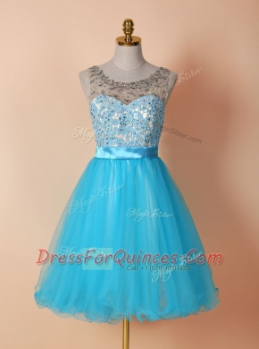 Romantic Scoop Knee Length Blue Prom Party Dress Tulle Sleeveless Beading and Lace