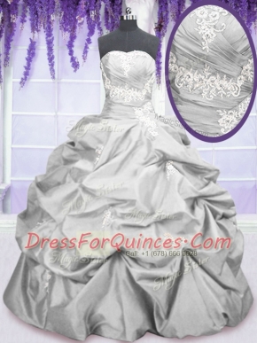 Silver Lace Up Strapless Embroidery and Pick Ups Sweet 16 Dresses Taffeta Sleeveless