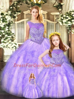 Best Beading and Ruffles Quinceanera Gown Lavender Lace Up Sleeveless Floor Length