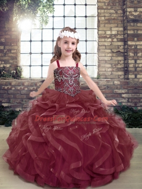 Burgundy Sleeveless Beading and Ruffles Floor Length Glitz Pageant Dress