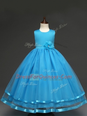 Baby Blue Scoop Zipper Hand Made Flower Little Girls Pageant Gowns Sleeveless