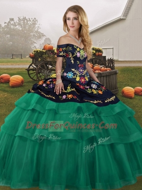 Designer Off The Shoulder Sleeveless Tulle Quinceanera Gowns Embroidery and Ruffled Layers Brush Train Lace Up