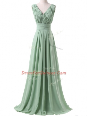 V-neck Sleeveless Lace Up Quinceanera Court of Honor Dress Apple Green Chiffon