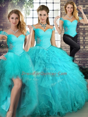 Sumptuous Beading and Ruffles Ball Gown Prom Dress Aqua Blue Lace Up Sleeveless Floor Length