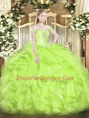 Floor Length Lace Up Ball Gown Prom Dress Yellow Green for Military Ball and Sweet 16 and Quinceanera with Beading and Ruffles